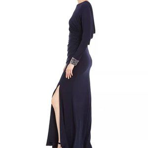 Navy Embellished Draped-Back Gown